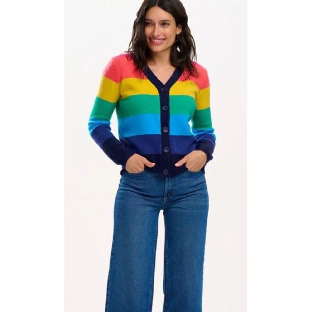 Sugarhill Brighton Sz 8 Cardigan Izzy Multi Rainbow Stripe Pride Knitted Buttons